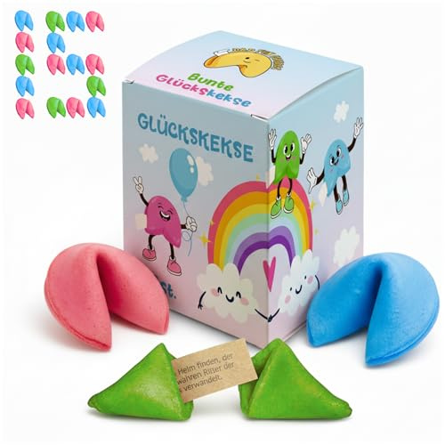 Glückskekse Bunt 15 Stück (Blau, Rosa, Grün) - Vanille, Kompliment, Kinder | Vielseitig einsetzbar zu Ostern, Silvester, als Adventskalender-Füllung oder Gastgeschenk für Kollegen, Büro und Babyparty