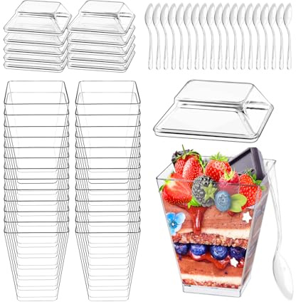 Froasia 40 stycken dessertkoppar, med skedar och lock, 160 ml dessertglas plast, dessertbägare klar, återanvändbara fyrkantiga dessertkoppar för hemmet, desserter, pudding, mousse, glass, fest
