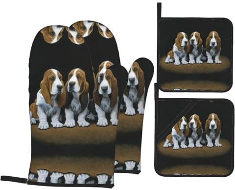 Set di 4 presine resistenti al calore con stampa di cuccioli di Basset Hound, guanti da forno da cucina per cuocere e grigliare