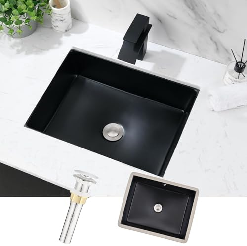 BoomHoze Schwarzes Keramik Unterbauwaschbecken 50x38x18 cm Rechteckig mit Überlauf - Einbauwaschbecken für Badezimmer & Gäste WC, inkl. Pop-up Ablauf Edelstahl