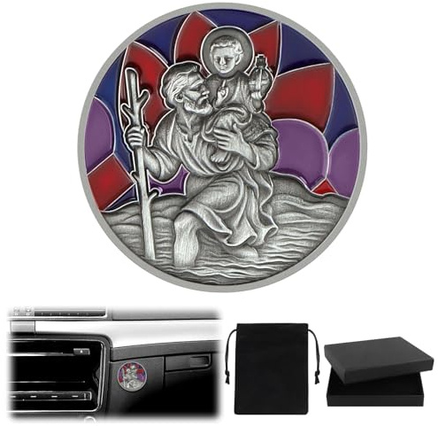 Heiligen Christophorus Auto Plaketten 4cm Rot Christopherus Auto Magnet | Gesegnet Schutzpatron der Reisenden Christopherus mit Magnet Doppelseitig Nanoklebeaufkleber Samtsäckchen Auto Glücksbringer