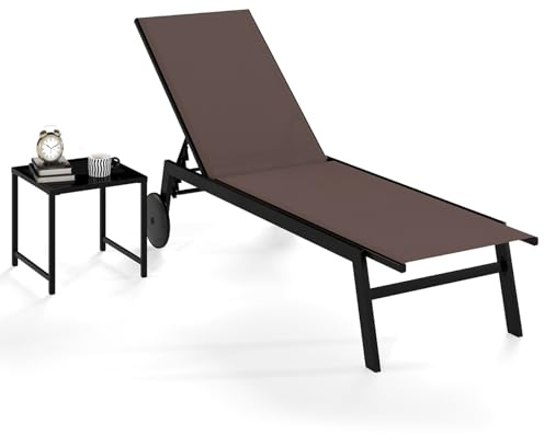 COSTWAY Sonnenliege mit Rollen und Tisch, Gartenliege bis 150 kg belastbar | Verstellbare Rückenlehne, schnelltrocknendes Gewebe, Rollliege, Liegestuhl für Garten, Terrasse, Braun