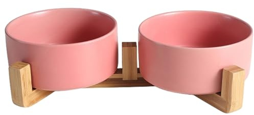 Cuencos de cerámica para Perros, Juego de Cuencos de Agua y Comida para Mascotas de 395 ml, con Soporte de Madera Antideslizante, Plato Elevado para Perros y Gatos