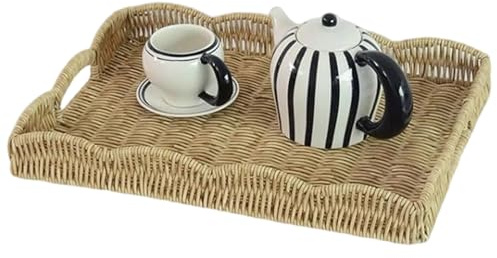 Rattan Tray with Handles, Hand Woven Wicker Serving Basket, Scalloped Edge Design, Rectangular Decorative Tray, Imitation Rattan Fruit Basket for Coffee, Drink, Breakfast, Tea, Candle