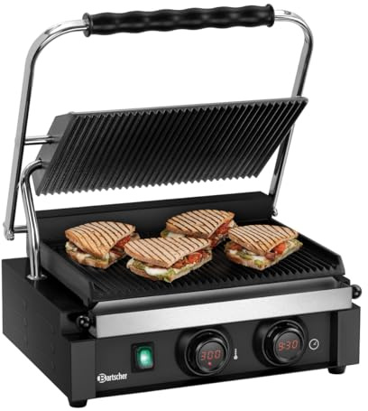 Bartscher Kontaktgrill Panini-MDI 1R S mit gerillten Gusseisenplatten, MDI-Steuerung, Timer, Digitalanzeige, schwarz matt, 230 V, für Gastronomie