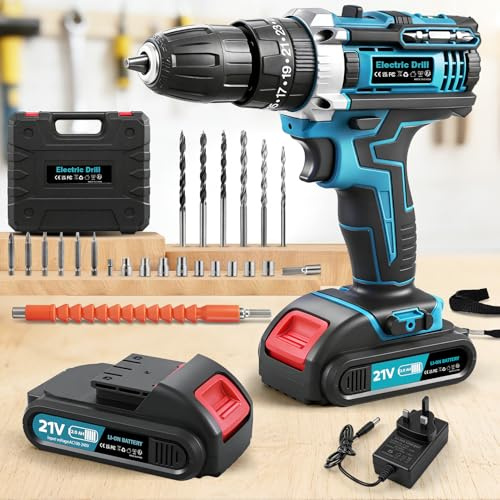 RugoTech 21V Cordless Drill Set, Electric Combi Drill with 50N·m Max Torque, 2×2.0Ah Batteries Power Drill, 2 Speed & 24 Accessories for Home DIY Electric Drills Cordless.