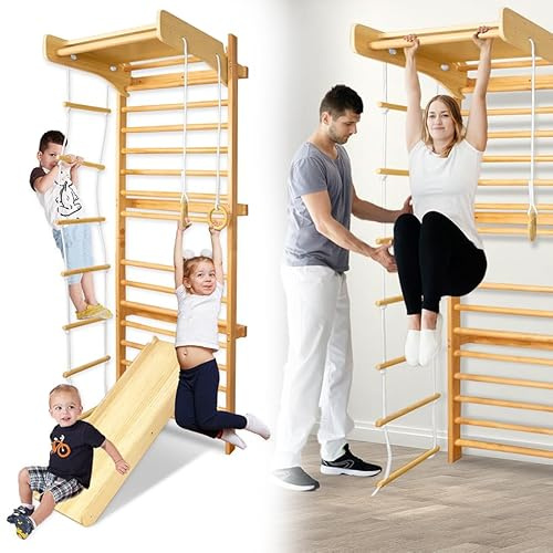 VA-Cerulean Sprossenwand Holz Turnwand Kletterwand Indoor, Klettergerüst für Kinder & Erwachsene, Multifunktional Fitness Sportgeräte inkl. Montagezubehör, 215x82x6cm Birkenholz