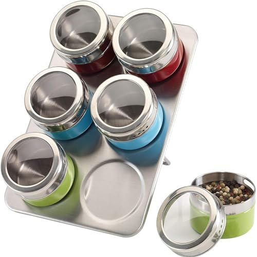 Design Edelstahl Gewürzständer Gewürzspender Magnetisch mit 6 farbigen Gewürzdosen mit Sichtfenster Platzsparend Küche zum Kochen