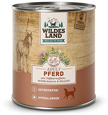 Wildes Land - Nassfutter für Hunde - Nr. 3 Pferd - 6 x 800 g - mit Süßkartoffeln, Wildkräutern & Distelöl - Glutenfrei - Extra viel Fleisch - Beste Akzeptanz und Verträglichkeit