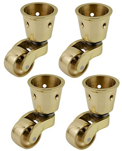 Solid Brass Castor Caster with 25mm Wheel (Set of 4) – Genuine Solid Polished Brass – Antique Vintage – Small Cup Style Fitting – Polished Brass – UK Company