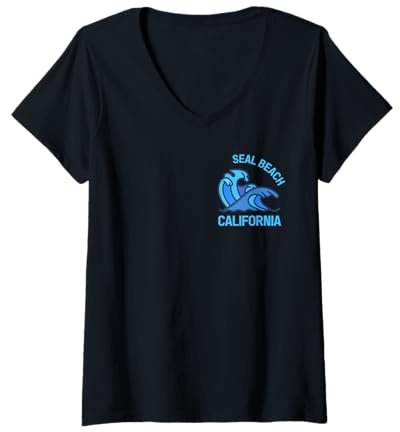 Womens Graphic Seal Beach California Pocket Wave Souvenir V-Neck T-Shirt