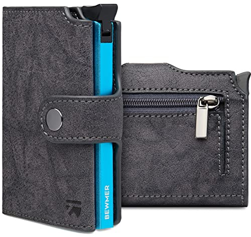 BEWMER v2 Kartenetui mit RFID-Schutz & Anti-Cloning - Damen & Herren Geldbörse mit Münzfach & Platz für 9 Kreditkarten | Kunstleder Portemonnaie Herren & Damen mit Clipverschluss | Dunkelgrau-Blau
