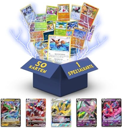 Pokemon kort tyska 50 olika original Pokemon | 1 V, VMAX, VSTAR, EX | 3 x Holo | 1 x sällsynt | 1 slumpmässig Pikachu, Evoli, Dedenne, aktuell uppsättning + 1 Heartforcards Toploader