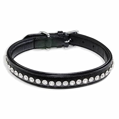 MONKIMAU Halsband Hund echt Leder Hunde Halsbänder schwarz gepolstert mit Kristallen Lederhalsband verstellbar Dog Collar Hundehalsband (L-M: 25mm x 60cm)