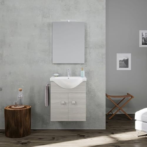 Kiamami Valentina Mobile Bagno Sospeso 56,5 Cm Grigio Quercia Con Barra | Base 2 ante, lavabo ceramica, specchio 52x69 cm con lampada, metallo cromato, profondità 30-42,5 cm