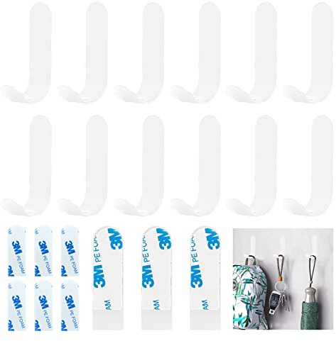Realure 12Pcs White Stainless Steel Self Adhesive Hooks, No Drill Damage-Free, Heavy Duty 5kg, Waterproof Rust-Proof for Kitchen Bathroom