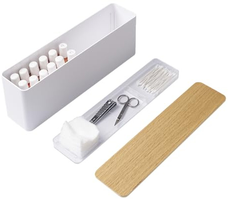 YAMAZAKI Home Tosca Spacious Nail Polish Organizer With Lid - Slim Storage Case With Tray For Nail Care Supplies - Plastic