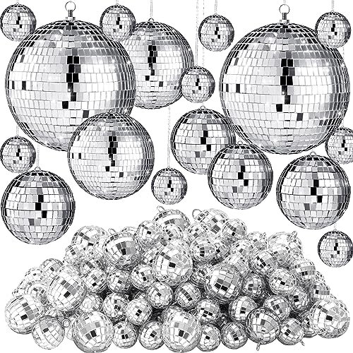 Hoolerry Mini-Spiegel-Discokugel-Ornamente, Mardi Gras, kleine silberne hängende Dekorationen, reflektierende kleine Kugeln, Großpackung für 70er-, 80er-, 90er-Disco-Mottoparty (20,3 cm, 15,2 cm, 10,2