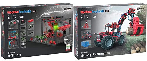 fischertechnik 559883 PROFI E-tronic – ab 9 Jahren & 559876 PROFI Strong Pneumatics – Bausatz für Kinder ab 9 Jahren, pneumatisch betriebenes Konstruktionsspielzeug mit Traktor und 5 weiteren Modellen