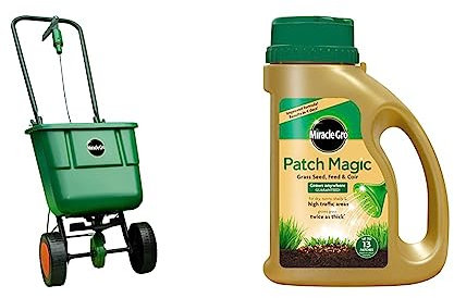 Miracle-Gro Rotary Lawn Seed Spreader & Patch Magic Grass Seed, Feed and Coir, 1015 g