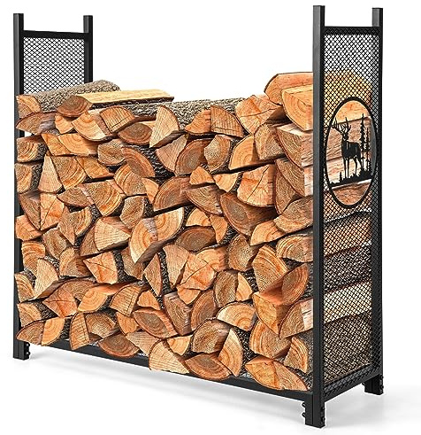 TANGZON 4FT Firewood Rack, Heavy Duty Metal Fire Log Holder with Elk Patterns, Mesh Sides & Bottom, Indoor Outdoor Enlarged Fireplace Wood Storage Basket Stand, 121 x 38 x 117cm