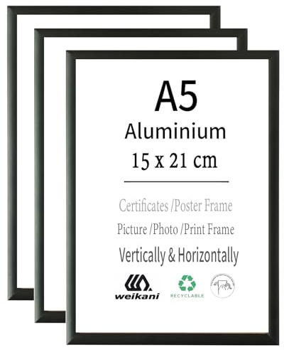 A5 Aluminium Bilderrahmen,3er Pack-15x21 cm Schwarzer Fotorahmen,Zertifikatsrahmen mit Plexiglas für Wandmontage oder Tischaufsteller