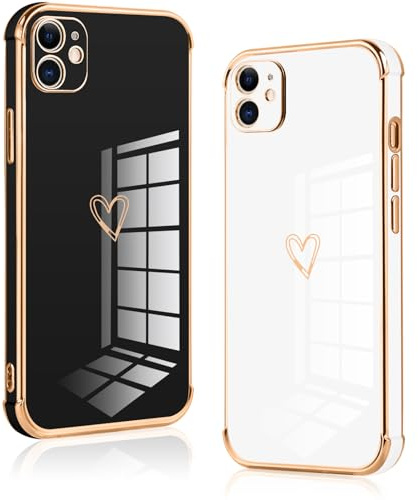 Vauki 2 Stück für iPhone 12 Mini Hülle, Silikon Handyhülle Herz Motiv Schutzhülle Kameraschutz Stoßfest Bumper Case für iPhone 12 Mini - Schwarz und Weiß