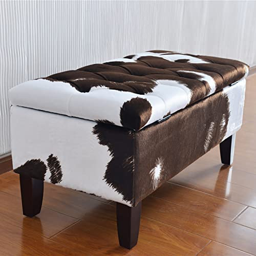 GArcan Boho Fußstützenhocker mit Holzbeinen, Kuhmuster, für Wohnzimmer, Schlafzimmer, dekorative Möbel, rechteckige Aufbewahrungsbank, Samt-Aufbewahrungshocker, Ottomane, Kuhkaffee, 90 x 45 x 45 cm