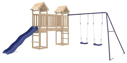 vidaXL Solid Wood Outdoor Playset – Versatile Pine Wood Playhouse with Wave Slide and Double Swing Set for Backyard Fun – Suitable for Age 3-8