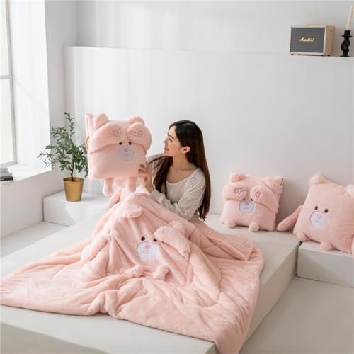 Hixingo Reisedecke und Kissen 2 in 1, Reisedecke mit Kissen Set Multifunktionale Reise Decke und Kissen 2 in 1 Weichem Flugzeug Verwandlungskissen für Urlaub, Camping (Rosa Bär,50 * 50cm)
