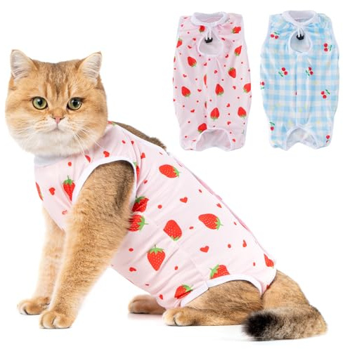 Avont 2 Pack Cat Recovery Suit - Kitten Onesie for Cats After Surgery, Cone of Shame Alternative Surgical Spay Suit for Female Cat, Post-Surgery or Skin Diseases Protection -Cherry/Strawberry (S)