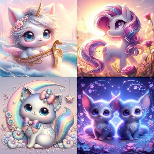 KEYRANKE 4 Stück Set Diamond Painting Kinder Ab 10 Jahre Diamant Painting Kleine Bilder Tiere Enthalten Katze Einhorn Fuchs, Runde Steine FüR Zuhause Dekor 30x30 Cm