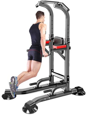 NaKeah Multi-fonction Power Tower Dip Station Force Training Exercice Up Bar pour la salle de gym à domicile, supports de baisse de hauteur réglables,Noir