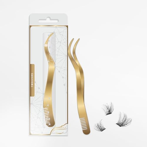 2 in 1 Lash Tweezer with Comb, Eyelash Extension, Stainless Steel Elbow Tweezers, Precise Eyebrow Tweezers Tool, Lashes Tweezer Applicator for DIY Applying False Eyelashes Clusters, Gold
