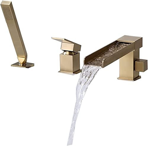 Klassischer Badewannenhahn mit Wasserfall, gebürstetes Gold, Wannenfüllhahn, an Deck montierter Wannenhahn aus Messing, Wannenhahn mit hohem Durchfluss, Einhebel-Mischbatterie mit Handbrause, 1,5 m B