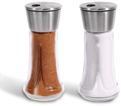 Adjustable Salt Pepper Shakers Glass - 4 OZ Spice Dispenser with Stainless Steel Lid for Kitchen, Cooking & BBQ Use