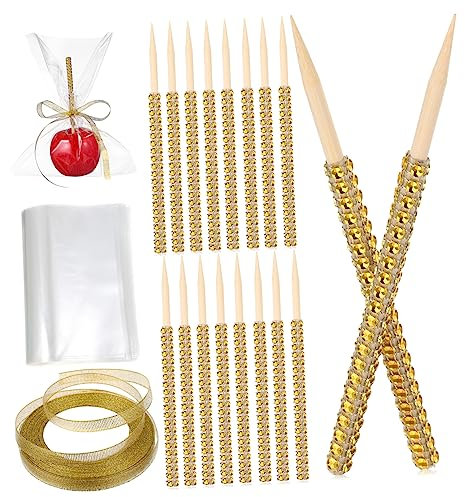COLLBATH 1juego Palitos De Madera para Manzanas Brillantes Rhinestones y Bolsas Transparentes Postres y Celebraciones