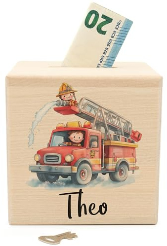 Geschenkfreude Personalisierte Spardose mit Namen aus Holz - 10 x 10 cm | Feuerwehr, Spardose, Holz Kinder sparschwein mädchen Namen Feuerwehr Junge Jungen personalisiert Baby