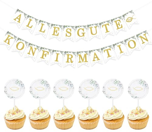 Qaziuy Konfirmation Girlande & 24 Stück Tortendeko, Fisch Cake Topper, Alles Gute zur Konfirmation Banner, Gold, Grün