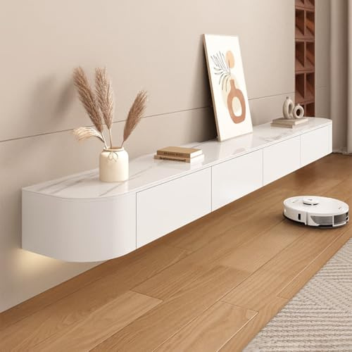 Ribanedy Mobile TV Sospeso Moderno a Parete in Legno Massello con Contenitore, Consola Multimediale per Soggiorno e Camera da Letto (Texture + Bianco, 280 cm)