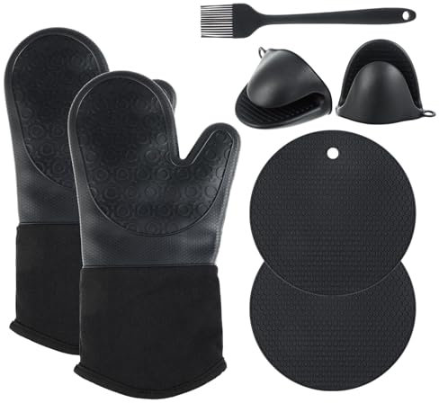 Guanti da forno in silicone, set di guanti da cucina, Set di 6 guanti da cucina -resistenti al calore fino a 300 °C – perfetti per cucina, barbecue e pasticceria, guanti da forno, nero