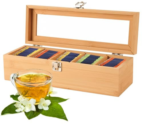 Yallmie Scatola Porta Tè e Tisane, 5,3x8,5x6,5cm Scatola Porta Bustine Tè in Legno Con 5 Scomparti e Coperchio in Vetro, Tea Box Contenitori Legno Organizer per Caffè, Zucchero, Sale e Foglie (B)