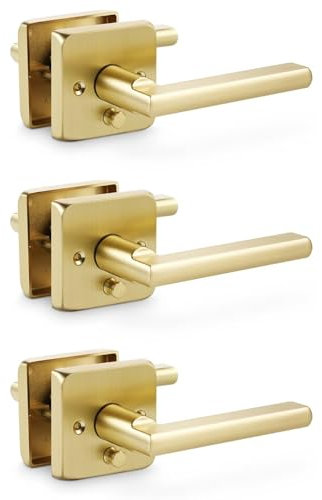 Linkaa Brushed Brass Keyless Door Lock with Handle,Gold Lever Door Handle for Bedroom Bathroom,Front Door Lock Set (Privacy,Push Button Lock,3 Pack)