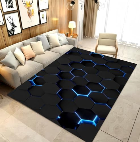 LOMDEM Tapis Gamer Sol en Flanelle Neon Géométrique Hexagone - Deco Chambre Ado Garçon/Fille, Tapis de Chambre Gaming 3D, Idéal pour Chambre Gamer et Décoration Moderne, 120x160 cm, Multi 6