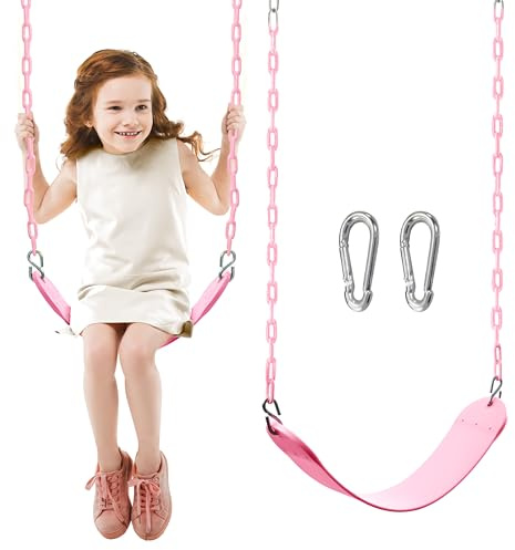 TURFEE Heavy Duty Swing Seat Pink Color with 66” Chain, Swing Set Accessories Replacement with Snap Hooks for Kids Outdoor Play Playground