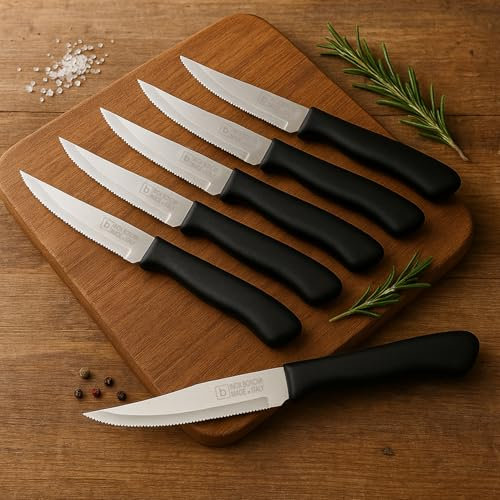 Coltelli da Tavola per Bistecca e Carne - Coltello da chef - Set da 6 coltelli - Coltello Affilato con Lama in Acciaio Inox per Tagliare Carne e Alimenti a Pranzo e Cena - Made in Italy