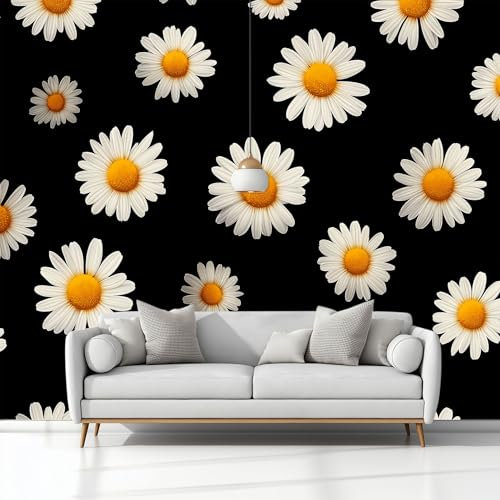 Papier Peint Intissé Conception Graphique Marguerite Blanche 200 x 140 cm Papier Peint Photo Panoramique, Poster Noir Mural Personnalisé 3D, pour Salon Chambre Adulte Enfant Décor Murale