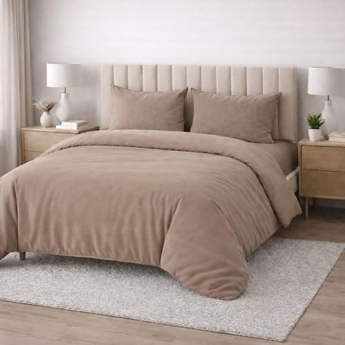 Meteorwi Home - Funda Nordica Cama 135 Microfibra Cepillada Suave – Juego de 4 Piezas con Funda de Edredon 220x220cm, Sabana Bajera 135x200cm, 2 Fundas de Almohada 45x70cm (Caqui, Cama 135cm)