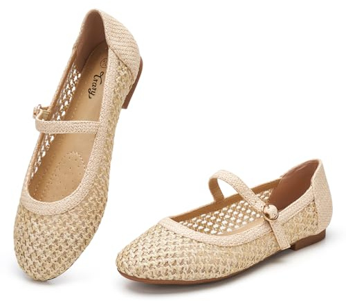 Trary Mary Jane Shoes Women Woven Flats for Women Mesh Rouned Toe Dressy Ballet Flat with Braided Adjustable Buckle Strap Spring Summer Comfortable Slip On Casual Cute Shoes Beige Size 8