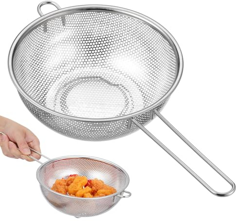 Colapasta Manico in Acciaio Inox per Lavaggio e Drenaggio | Argento, Uso Cucina per Frutta e Pasta, Cestello Filtrante a Rete Fine per Risciacquo Rapido